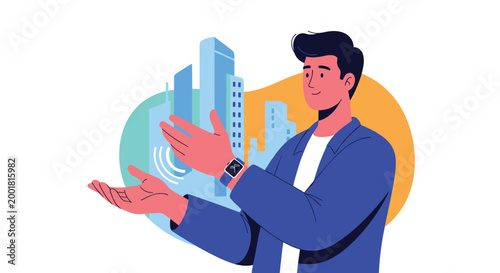 Innovator wearing a blue suit uses a smartwatch to project and interact with a 3d holographic city model against a colorful abstract background.