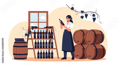Professional female sommelier examines a bottle of wine in a traditional cellar with wooden barrels and racks filled with vintage wine bottles.