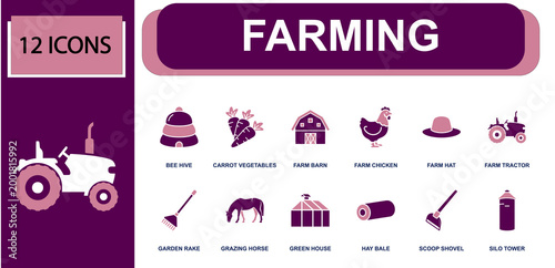 Farming icon set. Containing bee hive, carrot vegetables, farm barn, farm chicken, farm tractor, garden rake, greenhouse, hay bale, farm silo tower and more. Solid fill vector icons.