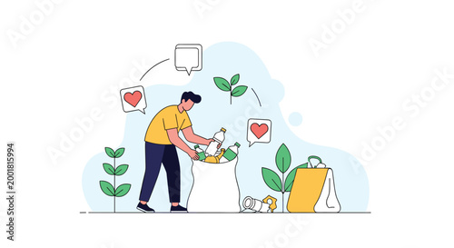 Environmentally conscious person sorts plastic bottles and cans into a recycling bag surrounded by green plants and positive heart icons.
