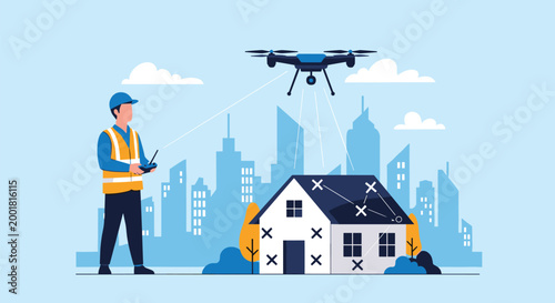 Construction engineer in safety vest and helmet using drone technology to inspect residential house roof in modern city.