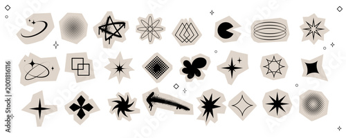 Abstract geometric shape set with retro decorative symbols stars, arrows, circles, spiral forms, and minimal elements for branding, posters, social media, packaging, and creative design.Vector