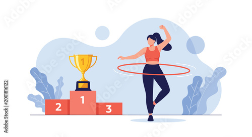 Athletic woman practicing hula hoop exercise standing next to three level winner podium with gold trophy cup in center.