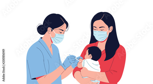 Medical nurse in face mask and gloves giving vaccine injection to small baby held by mother in healthcare clinic.