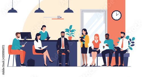 Diverse group of professional people waiting in modern office reception area or job interview lobby for their appointment.