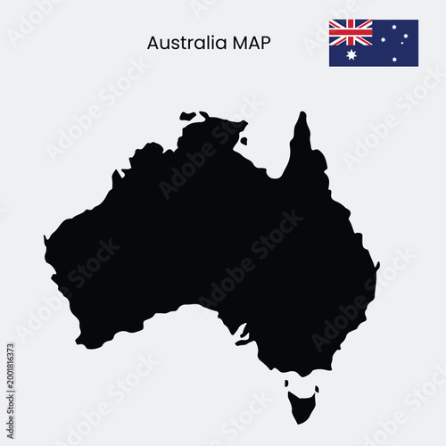 A bold, solid black silhouette of the Australian continent is set against a plain light gray background.
