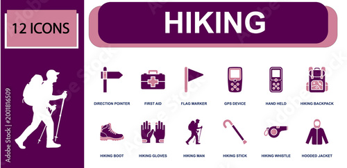Hiking icon set containing direction pointer, first aid, flag marker, GPS device, hiking backpack, hiking boot, hiking whistle, hooded jacket, trail gear and more, solid fill vector icons.