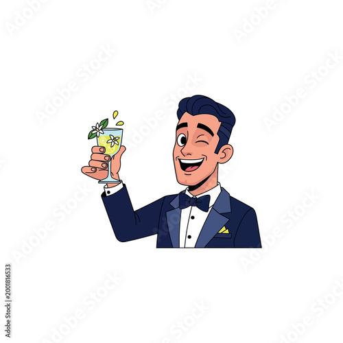 Man in tuxedo holding cocktail with lemon and mint leaves in a toast