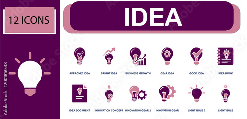 Idea icon set. Containing approved idea, bright idea, business growth, gear idea, good idea, idea book, innovation concept, innovation gear, light bulb and more. Solid fill vector icons.
