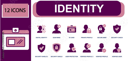 Identity icon set. Containing digital ID, ID card, private profile, secure mind, security check, shield, user protection, verified profile, verified user and more. Solid fill vector icons.