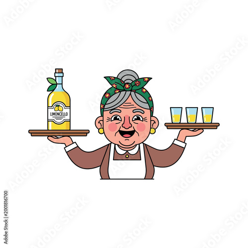 Smiling senior woman holding trays with bottle and glasses of limoncello drink