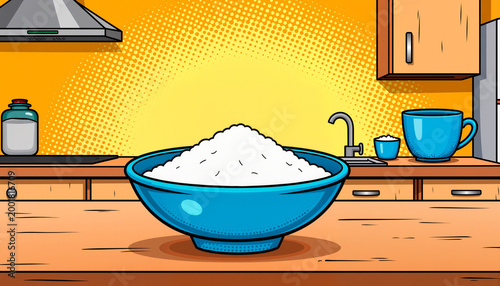Bright blue bowl of flour on kitchen countertop, vibrant pop art style
