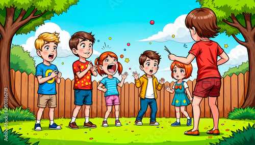 Group of children playing and having fun in a backyard on a sunny day  