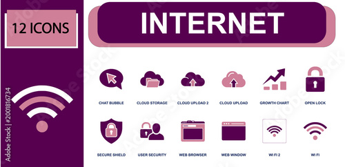 Internet icon set. Containing chat bubble, cloud storage, cloud upload, open lock, secure shield, user security, web browser, web window, Wi-Fi signal and more. Solid fill vector icons.