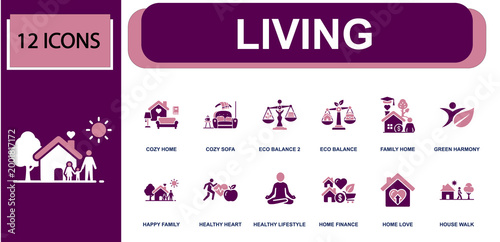 Living icon set. Containing cozy home, cozy sofa, eco balance, family home, green harmony, happy family, healthy heart, healthy lifestyle, home finance and more. Solid fill vector icons.