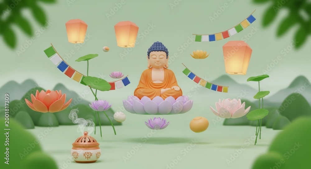 Obraz premium Buddha's Birthday 3D illustration with lotus flowers, lanterns, and prayer flags