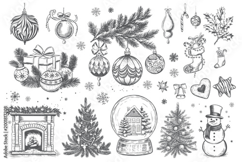 Christmas set, tree, ball, set on white, hand drawn illustration	
