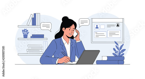 Professional businesswoman talking on mobile phone while writing notes at her office desk with laptop and documents.
