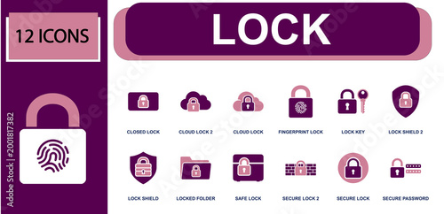 Lock security icon set. Containing closed lock, cloud lock, fingerprint lock, lock key, lock shield, locked folder, safe lock, secure password, secure lock and more. Solid fill vector icons.
