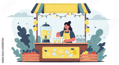 Woman selling fresh organic lemonade at outdoor street food stall decorated with lemons and festive lights at summer market.