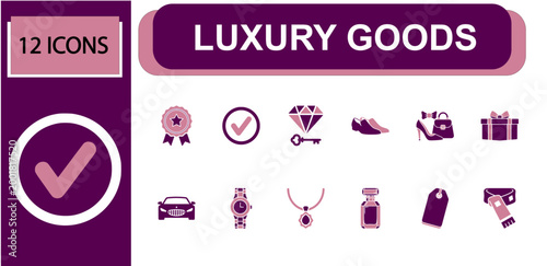 Luxury goods icon set. Containing quality badge, check mark, diamond key, formal shoes, handbag, gift box, luxury car, wristwatch, perfume bottle and more. Solid fill vector icons.