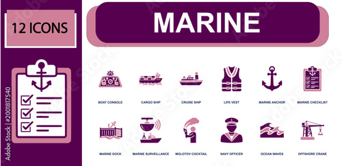 Marine icon set. Containing boat console, cargo ship, cruise ship, life vest, marine anchor, marine checklist, surveillance, ocean waves, offshore crane and more. Solid fill vector icons.