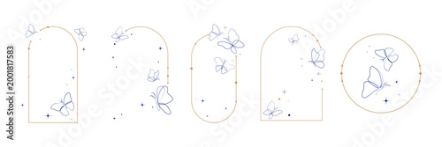 Minimal butterfly frame collection with elegant line art butterflies, arch borders, oval frames, rounded rectangle shapes, and circular templates for logo, invitations, branding, wedding.Vector design