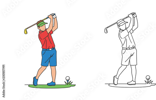 Professional Golfer Swinging Club Vector Illustration Set - Colored and Line Art Versions of Male Player Playing Golf on Tee Box for Sports, Hobbies, and Leisure Design