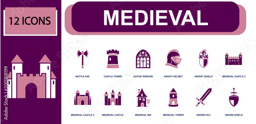 Medieval icon set. Containing king throne, knight armor, helmet, shield, mace, banner, castle, coins, journal, scroll, sword, royal crown, torch, key and more. Solid fill vector icons.