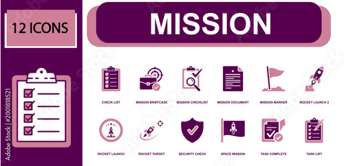 Mission icon set. Containing checklist, briefcase, checklist review, document, flag marker, rocket launch, rocket target, security shield, task list and more. Solid fill vector icons.