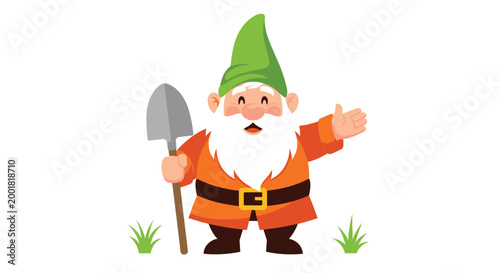 Friendly garden gnome with a white beard and green hat holding a shovel while standing on grass in a cheerful outdoor illustration.