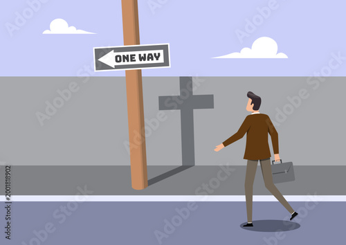 Businessman Following One-Way Street Sign with Christian Cross Shadow Symbolism