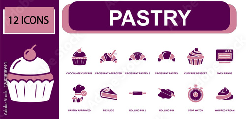 Pastry icon set. Containing chocolate cupcake, croissant, cupcake dessert, oven range, pastry chef, pie slice, rolling pin, stopwatch, whipped cream and more. Solid fill vector icons.