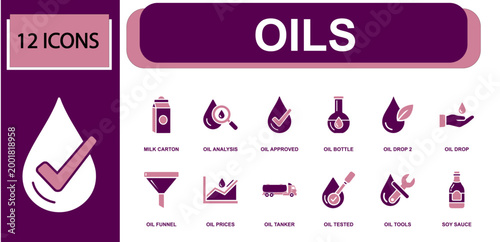 Petroleum industry icon set. Containing oil analysis, oil approved, oil bottle, oil drop, oil funnel, oil prices, oil tanker, oil tested, oil tools and more. Solid fill vector icons.