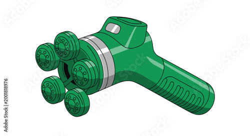 Portable green electric massager with five rotating heads for muscle relaxation and physical therapy shown in a detailed vector style.
