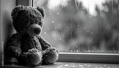 Lonely Teddy Bear Gazing Out Window on a Rainy Day.