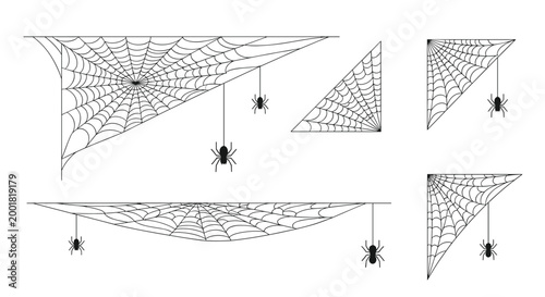 Collection of spooky spider webs in various shapes and positions with black spiders hanging from silk threads for halloween decor.
