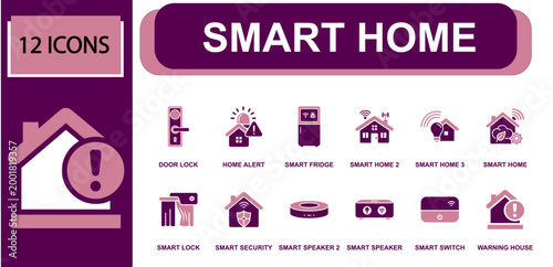 Smart home icon set. Containing door lock, home alert, smart fridge, smart security, smart speaker, smart switch, warning house, connected home, wifi house and more. Solid fill vector icons.