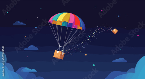 Cardboard box being delivered by a colorful rainbow parachute across a dark starry night sky with clouds and magical dust trail.