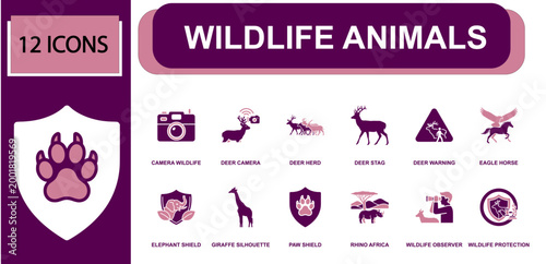 Wildlife animals icon set. Containing deer herd, deer stag, giraffes, rhino, elephant shield, wildlife camera, observer, paw shield, warning sign and more. Solid fill vector icons.