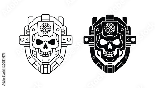 Skull head robot icon with mechanical gear details in shield shape vector illustration style for gaming tech security and futuristic character branding graphic design