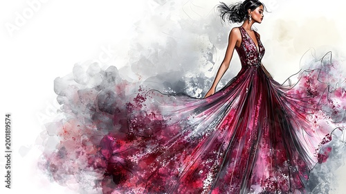 Elegant woman in a flowing red sequined gown with watercolor splashes Fashion