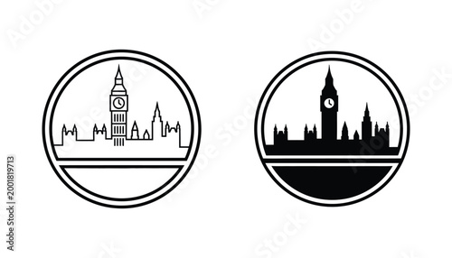 Big Ben clock tower skyline circular emblem vector set featuring line art and solid black graphic design for London travel branding
