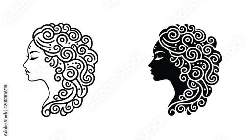 Elegant woman profile face with swirl hair pattern vector set featuring line art and solid black silhouette for beauty and wellness branding