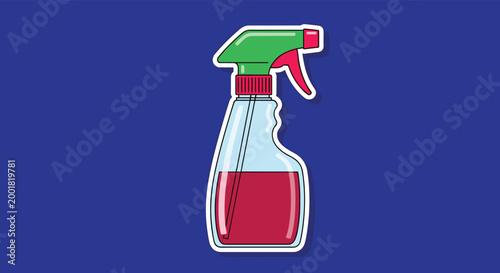 Plastic spray bottle filled with red liquid for cleaning or gardening purposes against a solid blue background.