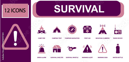 Survival icon set. Containing camp fire, camping tent, compass navigation, first aid, radio device, survival whistle, warning sign, water bottle, shelter and more. Solid fill vector icons.