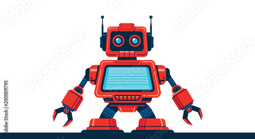 Friendly red vintage style robot with antennas and large eyes designed as a toy or futuristic machine character.