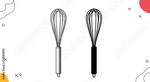 Set of two kitchen whisks in line art and solid black styles for cooking baking and culinary design themes.