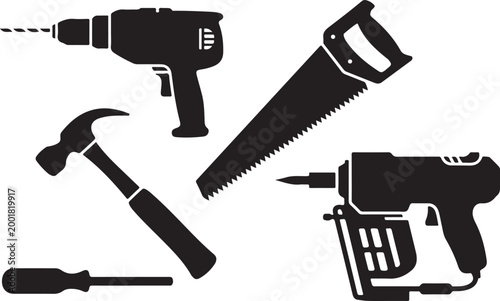 Construction tools icons drill hammer hand saw screwdriver nail gun set