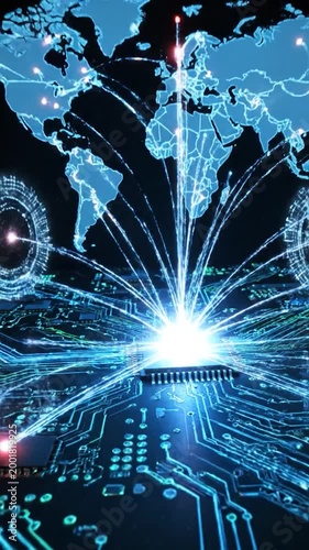 A close-up view of a computer circuit board with a central processing unit, showcasing technological advancements and digital connectivity